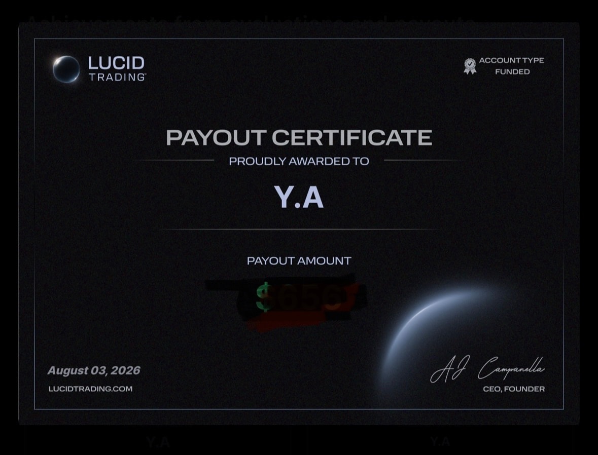 Lucid Trading payout certificate dated August 3, 2026