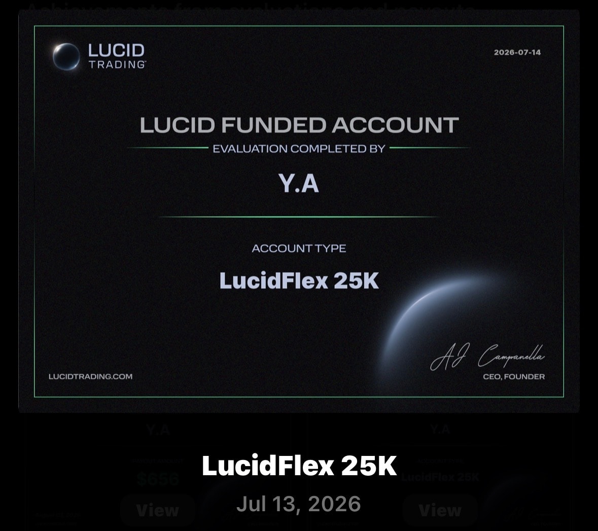 Lucid Trading funded account certificate for a LucidFlex 25K account dated July 13, 2026