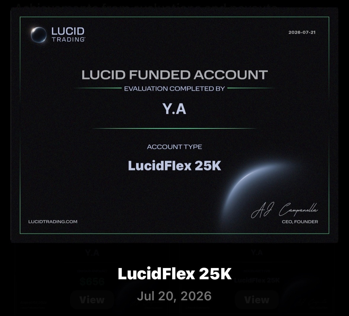 Lucid Trading funded account certificate for a LucidFlex 25K account dated July 20, 2026