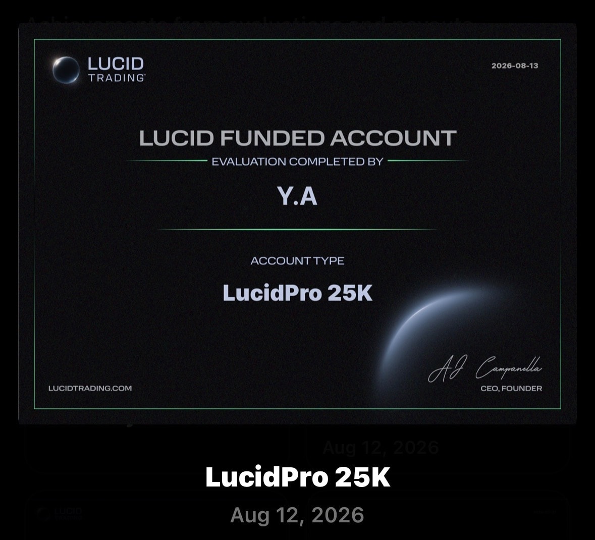 Lucid Trading funded account certificate for a LucidPro 25K account